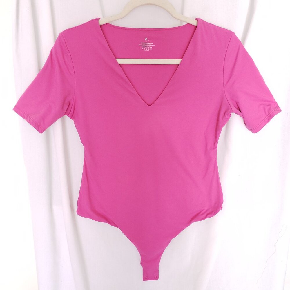 Pumiey Women Pink Short Sleeve V Neck Fitted Bodysuit Size L